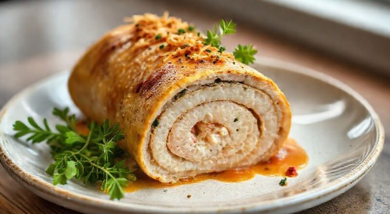 Rocambole de frango recheado dourado, fatiado e servido em prato com salada fresca e toque rústico