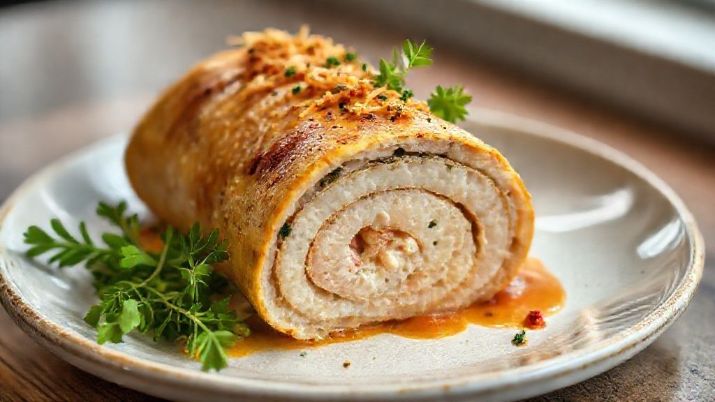 Rocambole de frango recheado dourado e suculento fatiado em prato com salada colorida