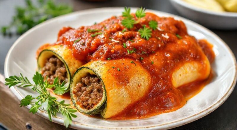 Rolinhos de abobrinha assados com carne moída e molho de tomate servidos em travessa elegante