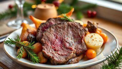 Rosbife dourado e suculento fatiado, servido com legumes coloridos assados, ideal para a ceia de Natal.