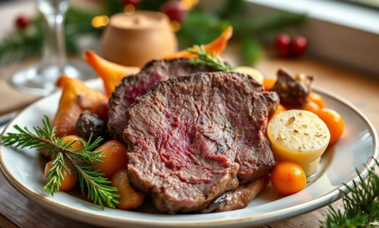 Rosbife dourado e suculento fatiado, servido com legumes coloridos assados, ideal para a ceia de Natal.