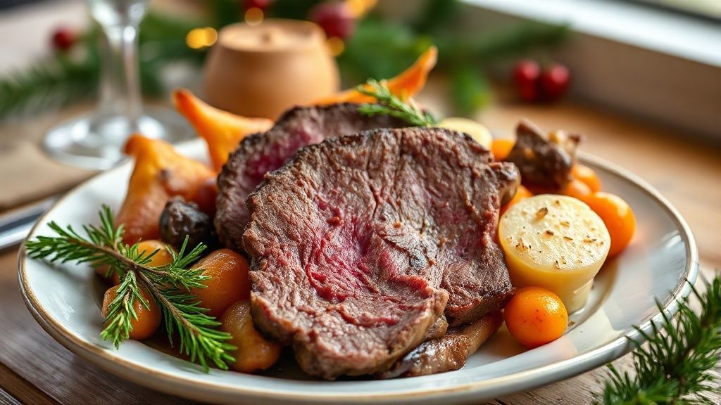 Rosbife dourado e suculento fatiado, servido com legumes coloridos assados, ideal para a ceia de Natal.