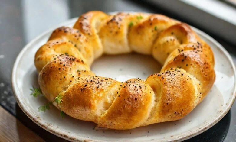 Rosca de pão de queijo dourada e crocante por fora, macia por dentro, servida em fatias sobre tábua rústica.