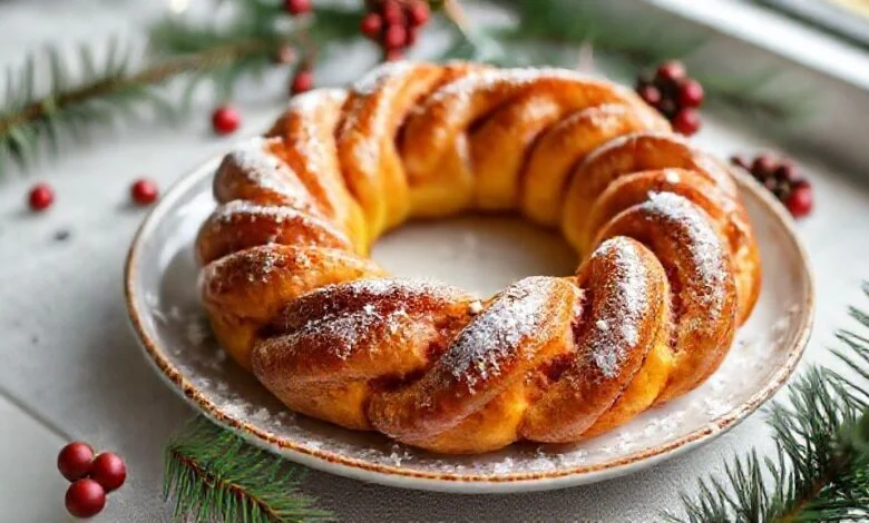 Rosca doce de Natal dourada, fofa e coberta com frutas cristalizadas e açúcar de confeiteiro