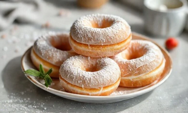 Rosquinhas douradas e fofas, cobertas com leite em pó e servidas em prato branco elegante.