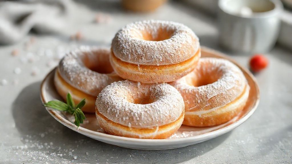 Rosquinhas douradas e fofas, cobertas com leite em pó e servidas em prato branco elegante.