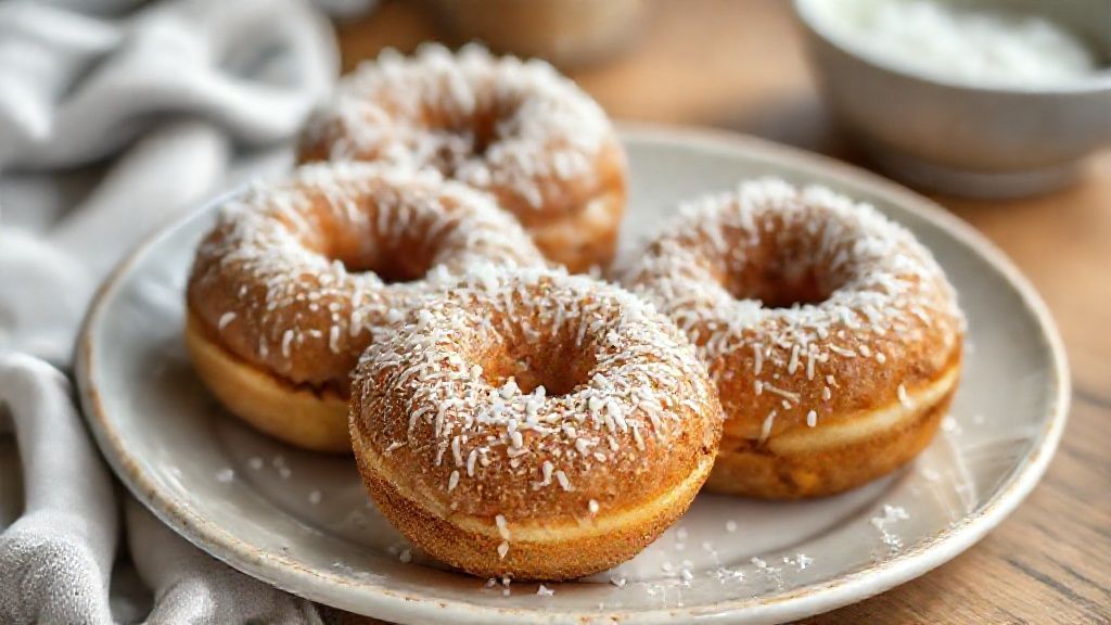 Rosquinha de trigo caseira dourada, coberta com coco ralado, crocante e macia por dentro