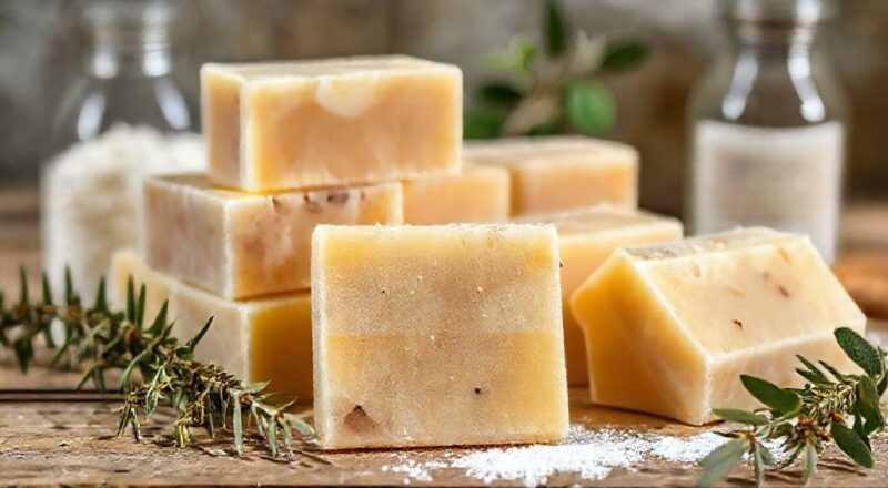 Barras de sabão de álcool caseiro firmes e uniformes, dispostas em uma bancada com aparência artesanal e limpa