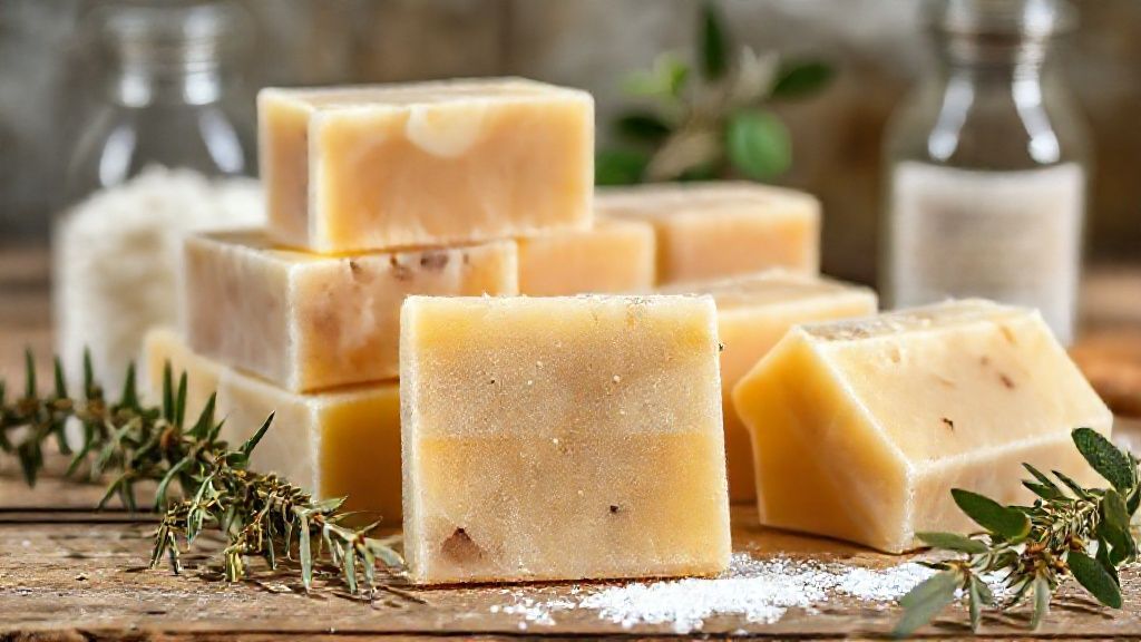 Barrinhas de sabão de álcool caseiro amarelas e firmes, prontas para uso doméstico e limpeza ecológica