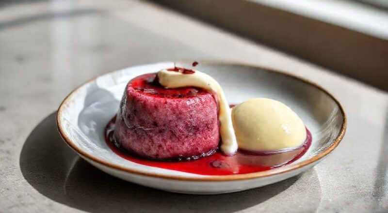 Taças de sagu com vinho tinto e creme inglês servidas geladas, com textura brilhante e aspecto sofisticado