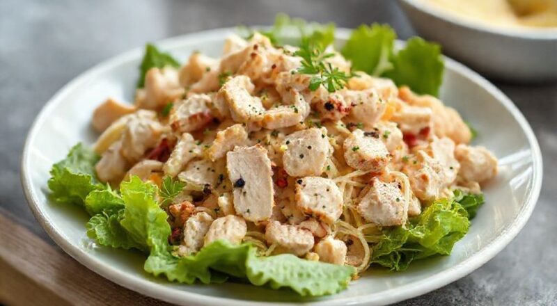 Salada colorida com tiras de frango grelhado, folhas verdes e legumes vibrantes servida em um bowl