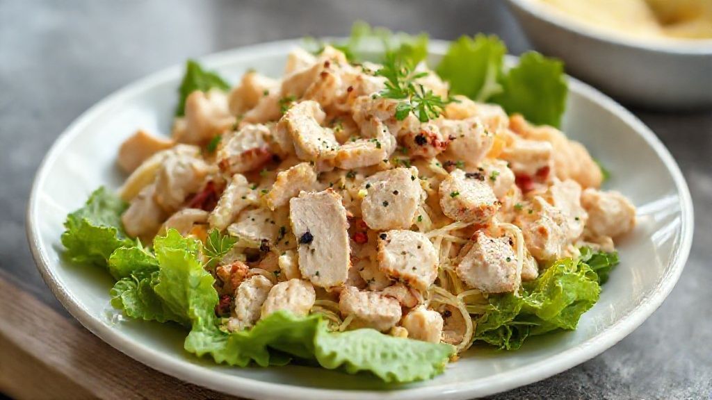 Salada com frango simples servida em bowl colorido com folhas frescas, legumes e molho leve