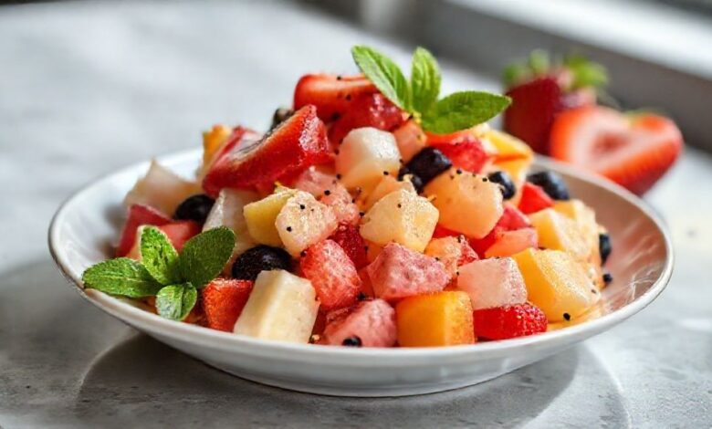 Salada de frutas colorida servida em tigela de vidro, com calda brilhante e folhas de hortelã, visual fresco e apetitoso