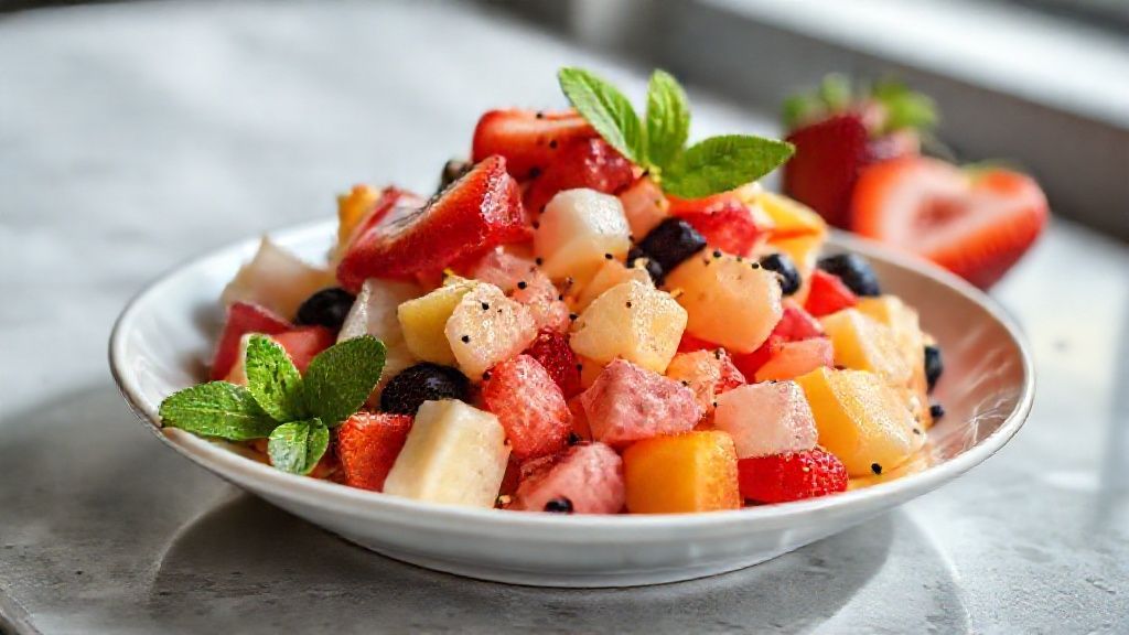 Tigela de salada de frutas colorida e doce com folhas de hortelã, mostrando como tirar o amargo da salada de fruta depois de pronta.