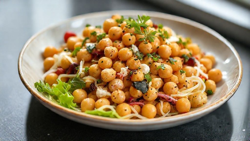 Salada de grão de bico com legumes coloridos, ovos de codorna e pimenta-biquinho servida em tigela de vidro