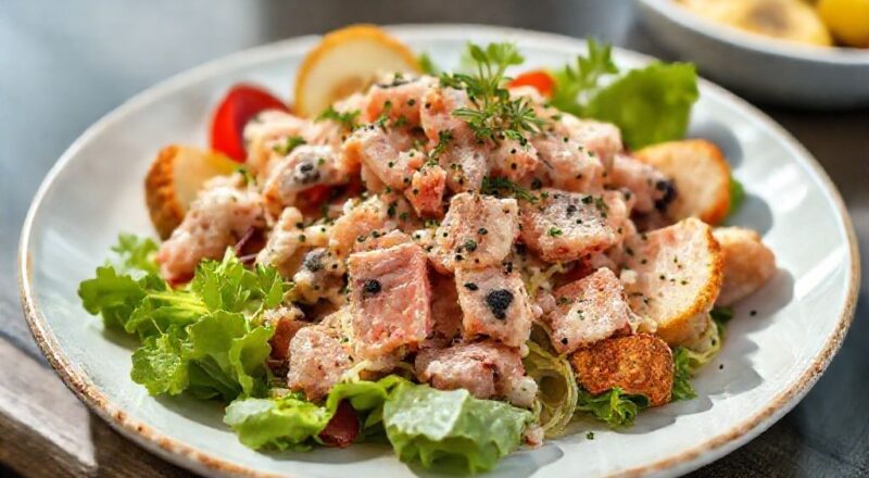 Salada colorida com atum, tomates, pepino e pão crocante servida em tigela fresca e iluminada