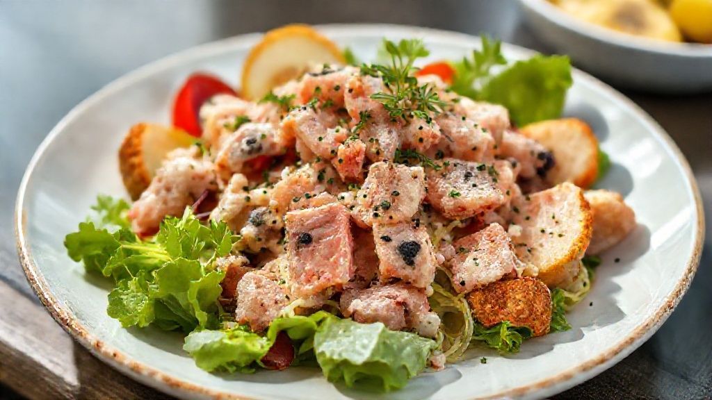 Salada para o verão colorida com atum, tomates, pepino e pão crocante servida em tigela de vidro