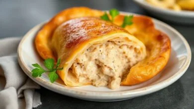 Salgado de forno simples dourado, recheado e servido em prato branco com aspecto caseiro e apetitoso.