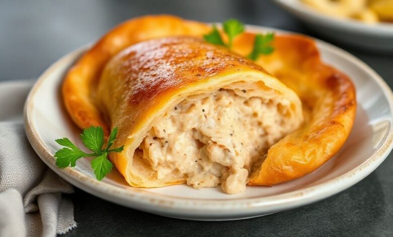 Salgado de forno simples dourado, recheado e servido em prato branco com aspecto caseiro e apetitoso.