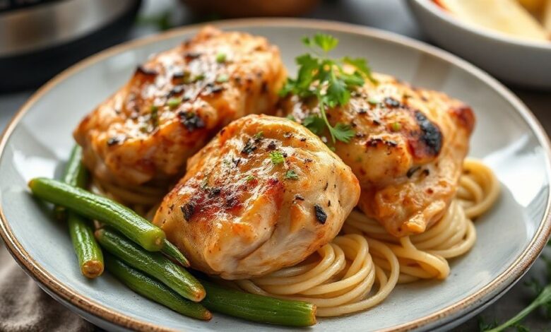 Prato pronto com sobrecoxas douradas e quiabos verdes salteados em molho caseiro, servido em uma travessa rústica.