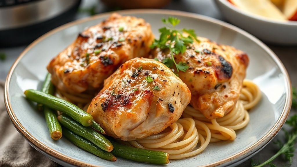 Prato pronto com sobrecoxas douradas e quiabos verdes salteados em molho caseiro, servido em uma travessa rústica.