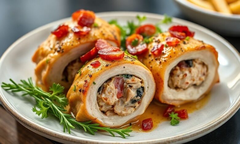 Sobrecoxas douradas e recheadas com bacon e queijo, servidas em um prato rústico com aparência suculenta e crocante