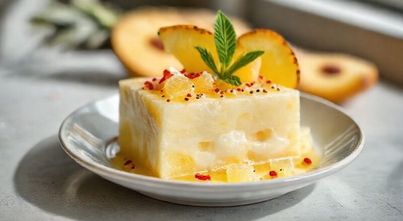 Prato finalizado de sobremesa amansa sogra cremosa, servido em taça com coco ralado no topo e textura leve e gelada