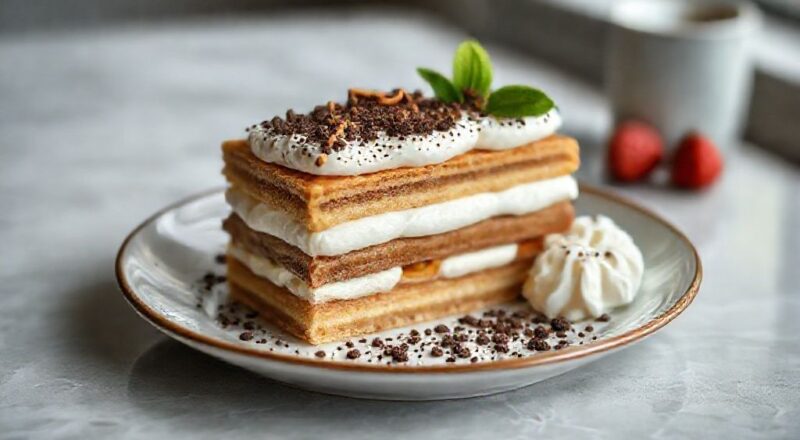 Sobremesa cremosa em camadas com biscoito champagne, café e chocolate, servida gelada em taça elegante.