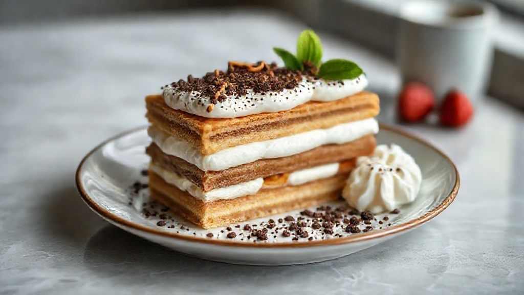 Sobremesa com biscoito champagne cremosa em camadas de café e chocolate, servida gelada em taça elegante.