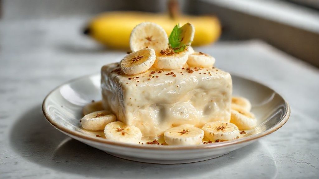 Sobremesa de banana cremosa servida em taças, com textura suave e cobertura de chocolate.