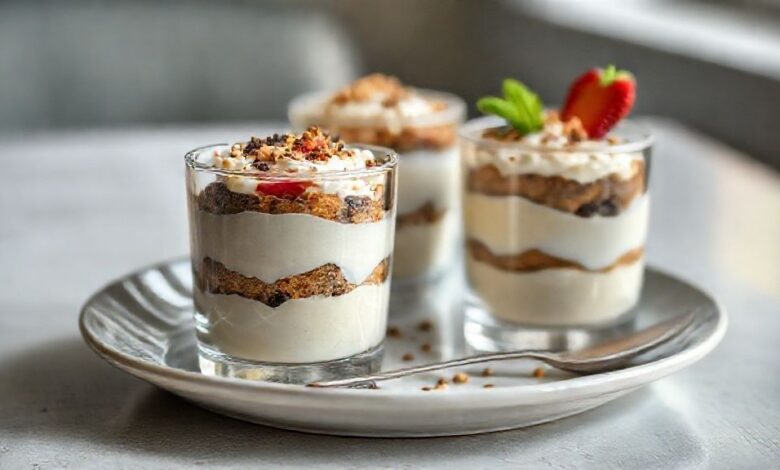 Camadas de creme branco, ganache e biscoito em copinhos de vidro decorados com raspas de chocolate