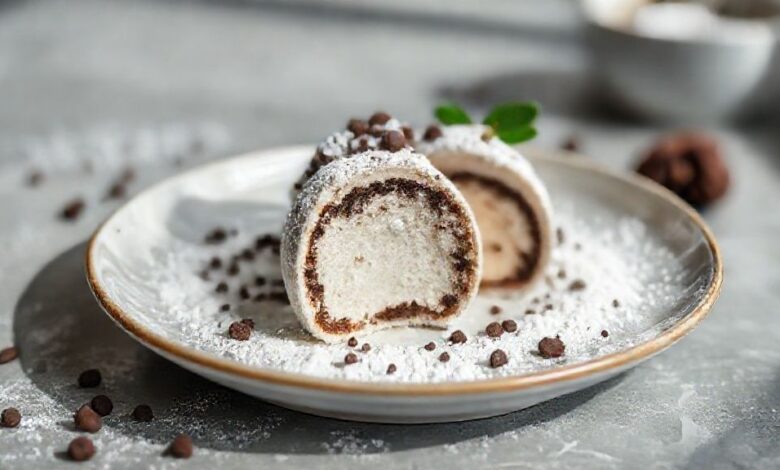 Sobremesa cremosa de leite ninho com bombom decorada com bombons inteiros e textura brilhante, servida bem gelada