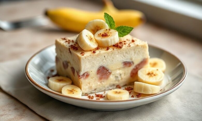 Sobremesa cremosa em camadas de banana, doce de leite e chantininho, finalizada com canela em pó