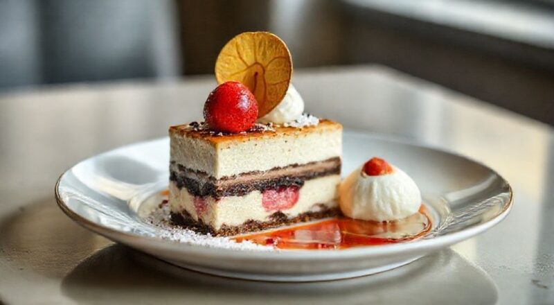 Travessa elegante com sobremesa prestígio pronta, exibindo camadas perfeitas de creme de coco e ganache de chocolate