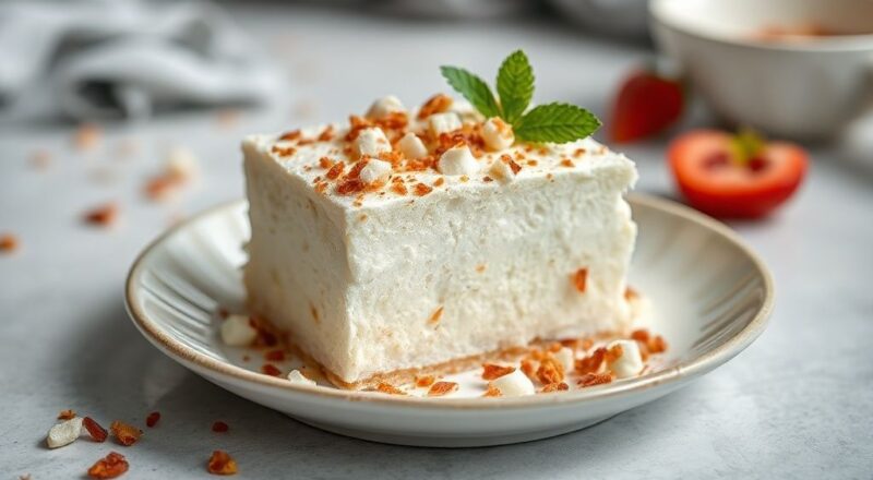 Sobremesa sem fogo pronta, firme e brilhante, com coco ralado e granulado de chocolate, servida em prato branco