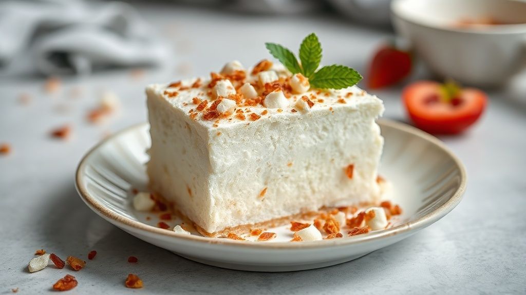 Sobremesa sem fogo cremosa e geladinha de coco, servida em fatias com granulado de chocolate
