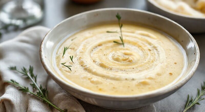 Tigela fumegante de sopa de batata e alho-poró cremosa decorada com croutons dourados e ervas frescas.