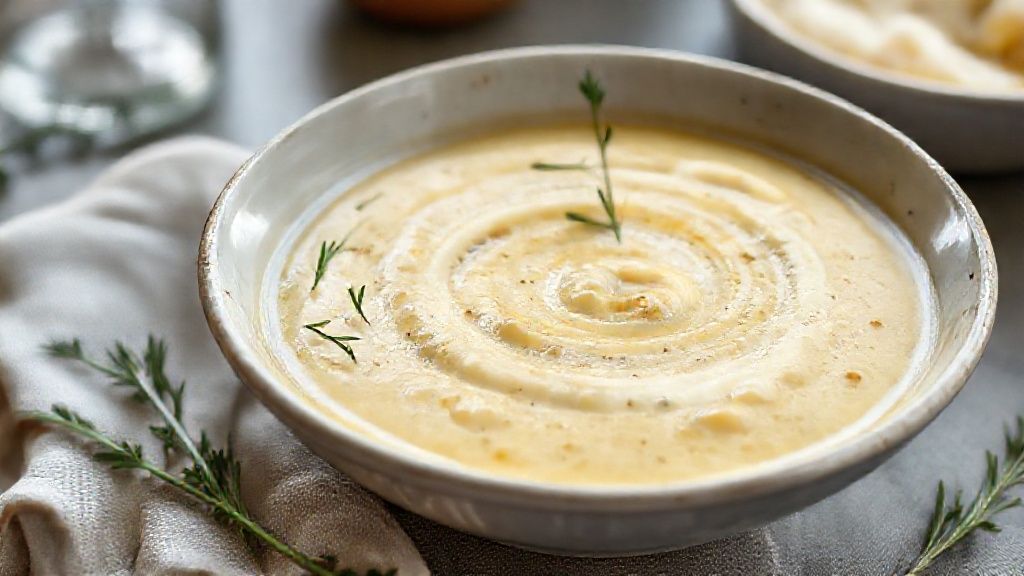Tigela de sopa de batata e alho-poró cremosa servida quente com croutons e ervas frescas