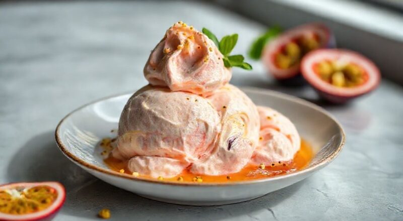 Sorvete cremoso de maracujá servido em taças, com calda brilhante e sementes sobre o topo, visual tropical e refrescante