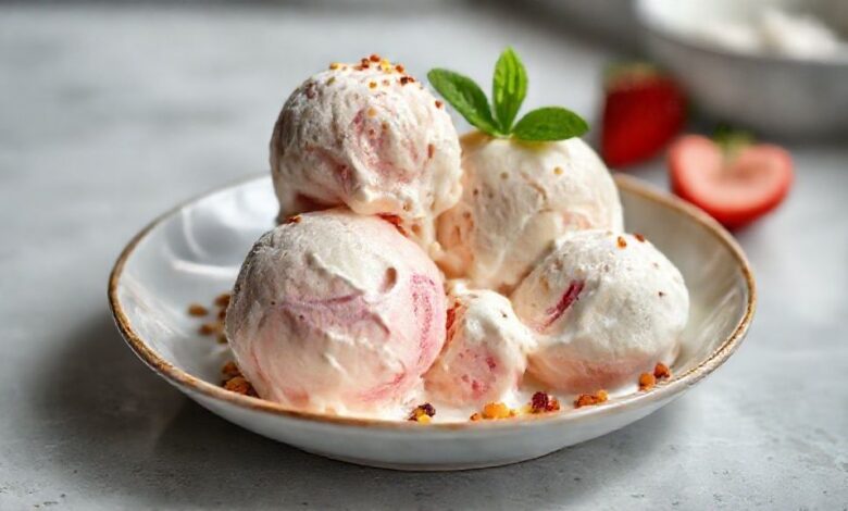 Sorvete cremoso e leve servido em taças geladas, com textura aveludada e aparência apetitosamente artesanal.