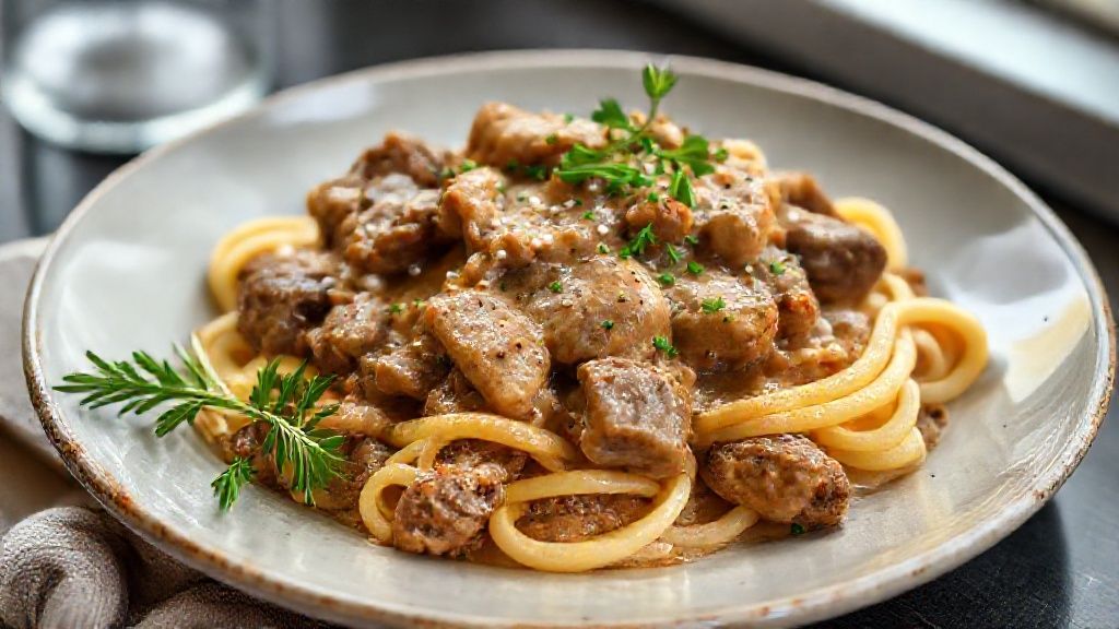 Prato de strogonoff de carne cremoso servido com arroz branco e batata-palha crocante