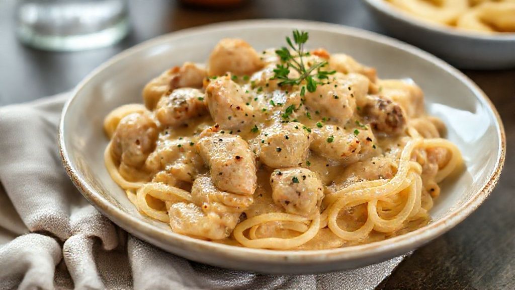 Prato de strogonoff de frango simples com molho cremoso servido com arroz e batata palha