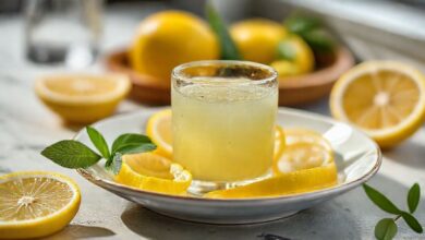 Copo de suco de limão com casca gelado, decorado com rodelas de limão e folhas de hortelã, sob luz natural