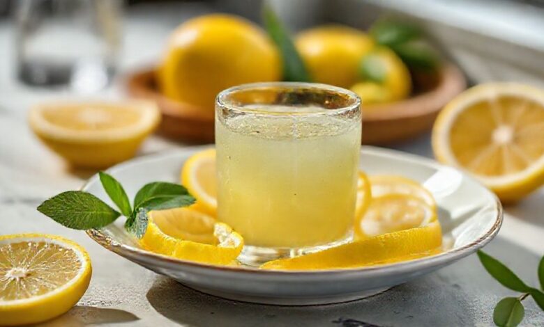 Copo de suco de limão com casca gelado, decorado com rodelas de limão e folhas de hortelã, sob luz natural