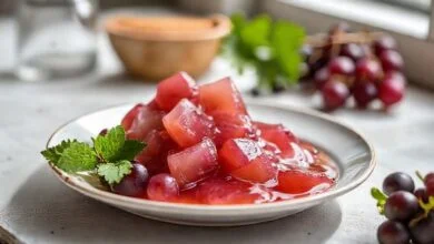 Copo de suco de uva concentrado caseiro roxo escuro servido com gelo e hortelã sobre mesa rústica