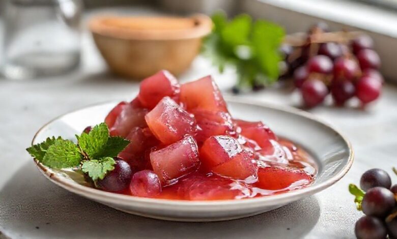 Copo de suco de uva concentrado caseiro roxo escuro servido com gelo e hortelã sobre mesa rústica