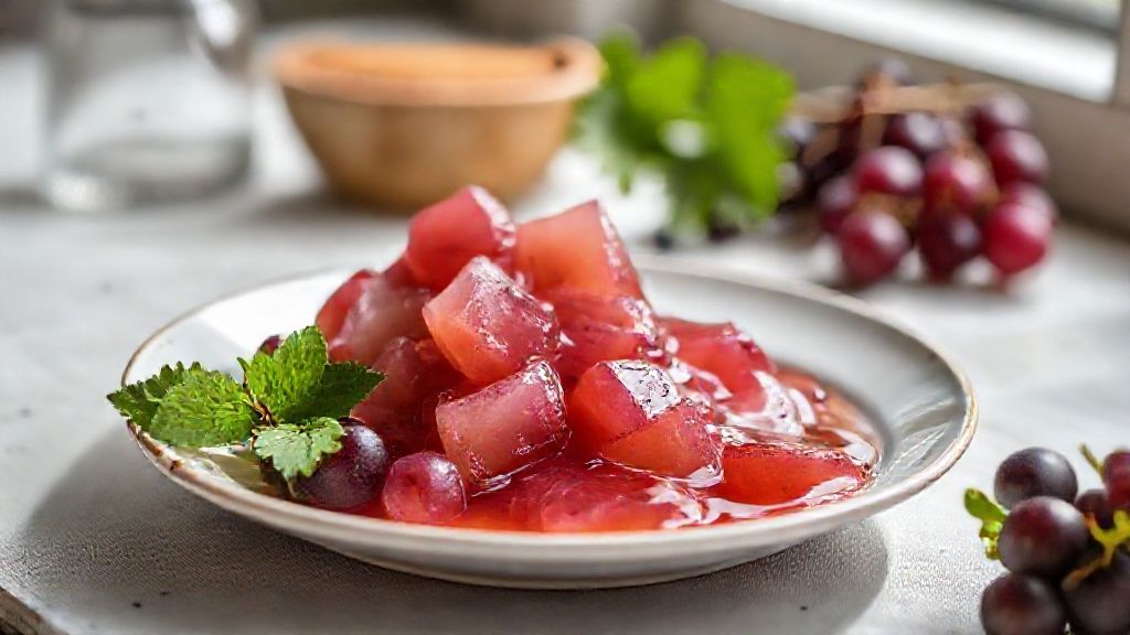 Copo de suco de uva concentrado caseiro roxo escuro servido com gelo e hortelã sobre mesa rústica