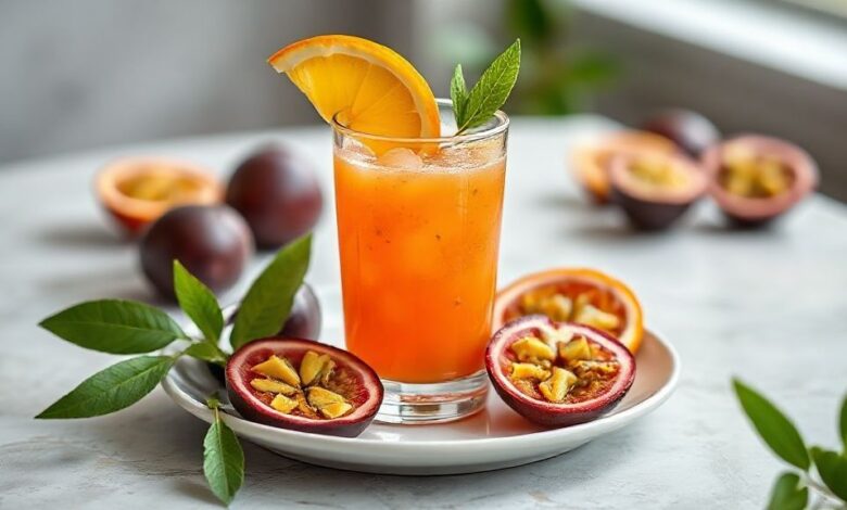 Copo de suco de maracujá natural, servido com gelo e folhas de hortelã, aparência refrescante e vibrante