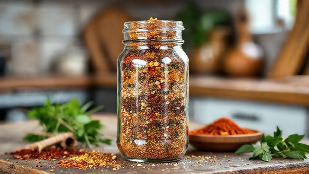 Pote de vidro com tempero baiano caseiro colorido, mostrando a mistura de especiarias aromáticas.