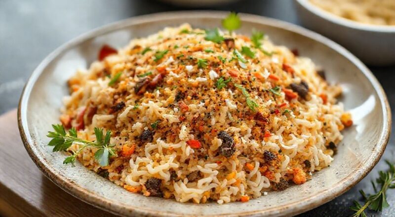 Pote de vidro com tempero caseiro de ervas frescas e azeite, sobre bancada rústica, com colheres de especiarias ao redor